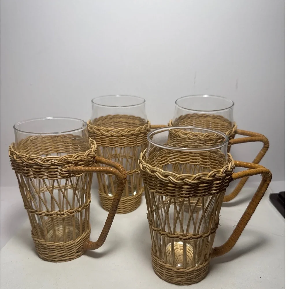 Wicker Glass Mugs Set of 4 Tan Boho Rattan Sleeves Cottagecore